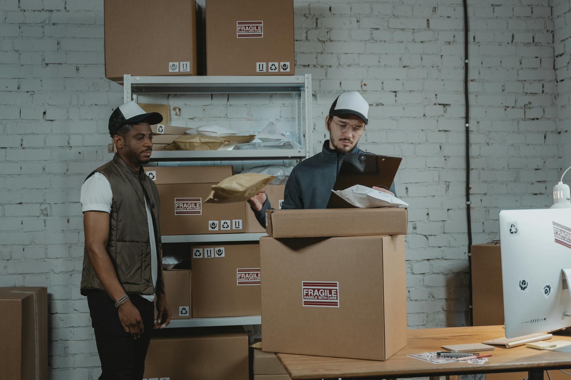 Two workers in a warehouse handling and checking fragile labeled packages before shipping.